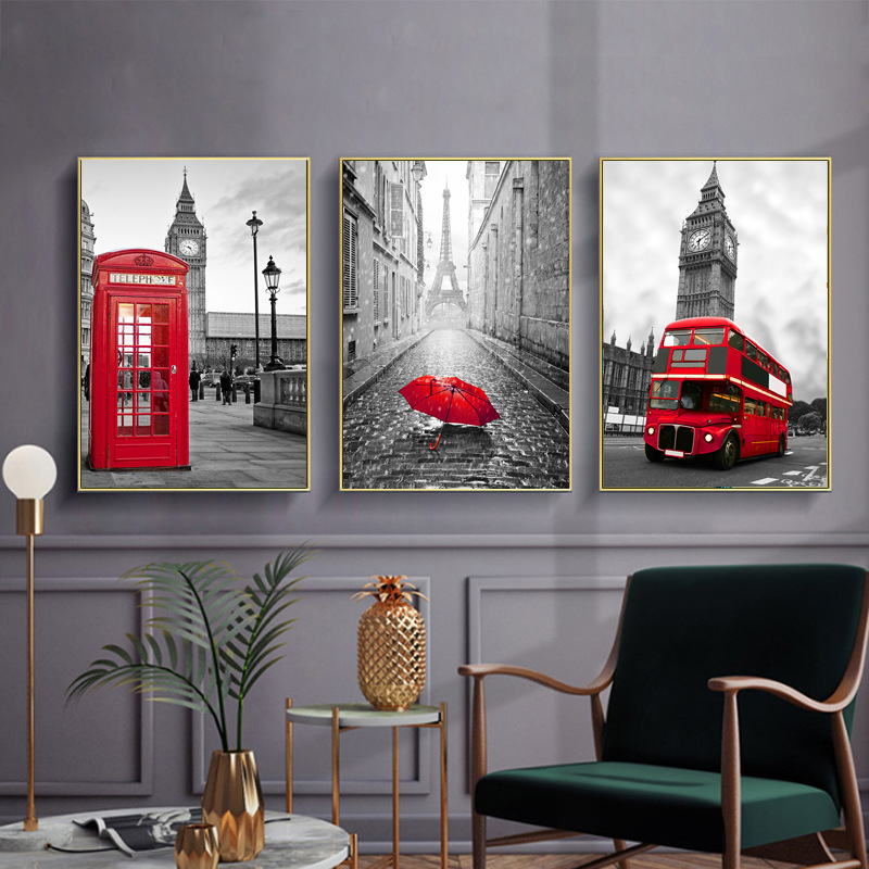 Retro British street bus tower building landscape living room sofa Wall decorative painting core home art poster