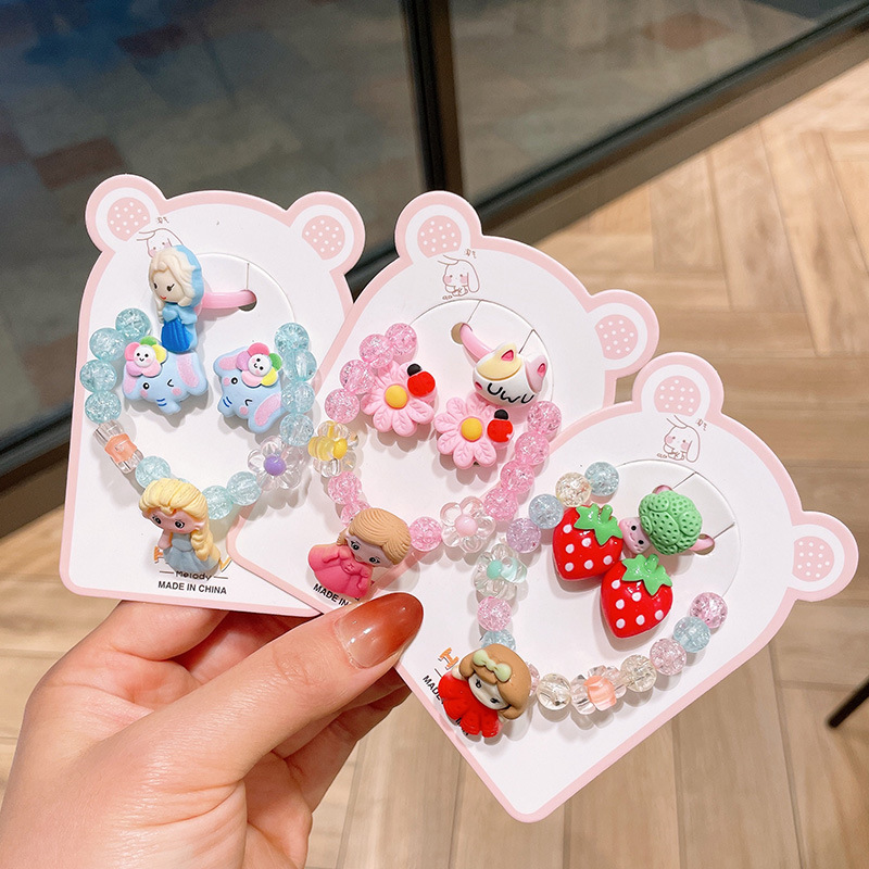 Korean children's colorful beaded bracelet princess cartoon burst bead bracelet ring earrings suit little girl jewelry