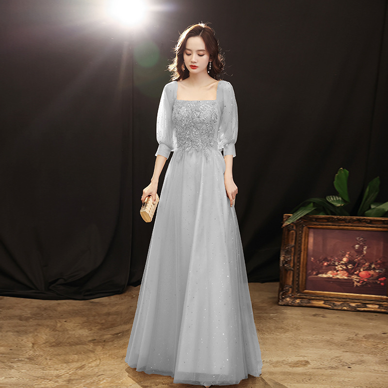Banquet Evening Dress 2024 Spring New Grey Simple Sister Group Party Dress Host Art Test Performance Dress