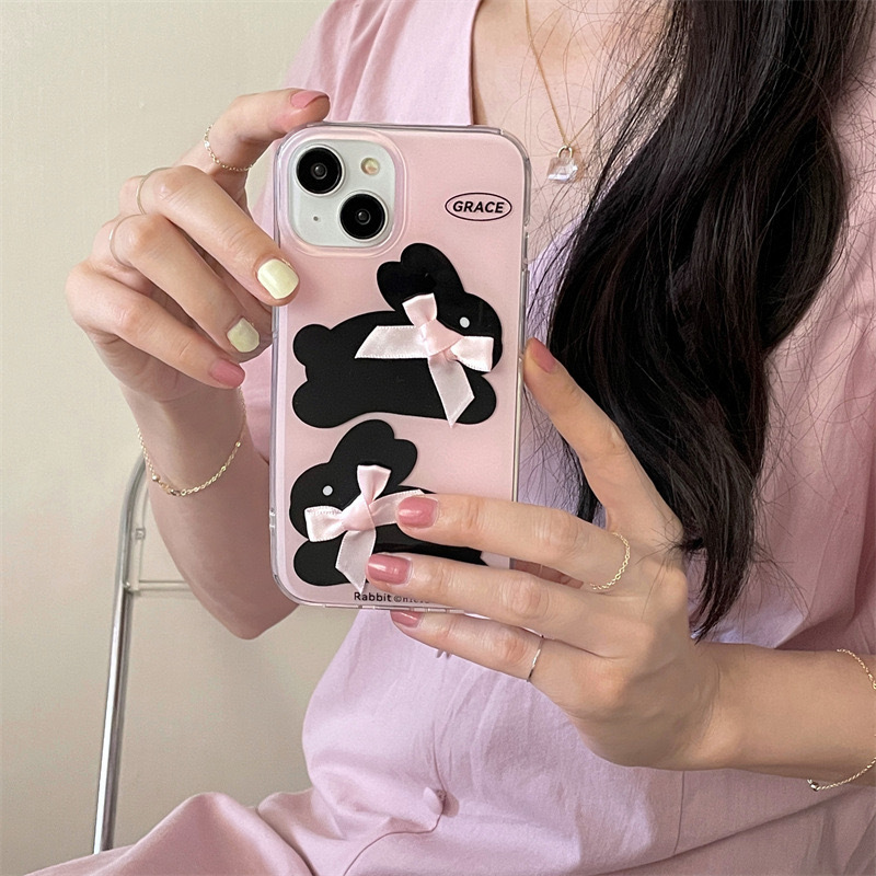 Pink cute bow rabbit case suitable for iPhone 15 Pro Max Apple 14 phone case 13 double-layer 12 female 11