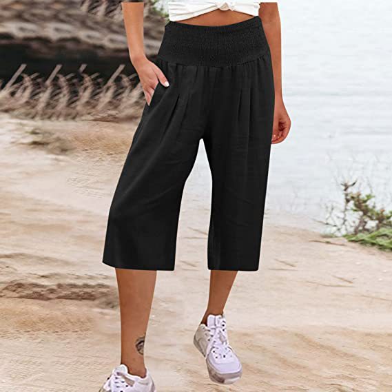Summer 2024 Amazon European and American Women's Cross-border Cotton and Linen Seven-point Waist Bag Pocket Thin Wide-leg Pants for Women