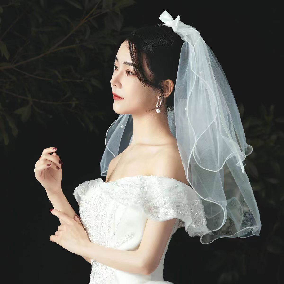 Veil Double-layer Pearl Female Mori Photo Bride Proposes Marriage Master Veil License Registration White French Small Veil