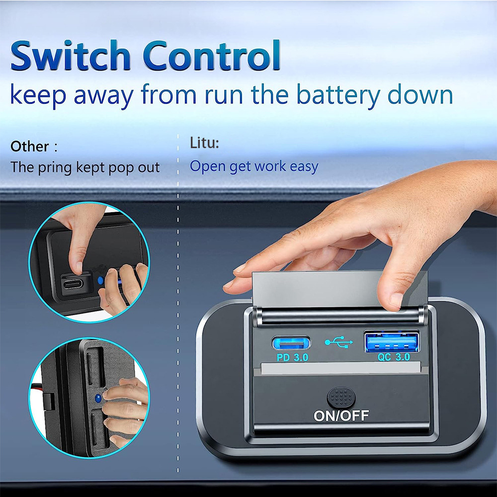 Modified Multifunctional Car Mobile Phone Charger Bus Rv Yacht QC3.0+PD3.0 with Digital Button Opening