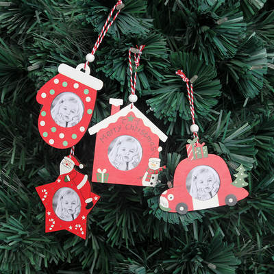 Injie Christmas decorations wooden printing house five-pointed star Car pendant creative Christmas tree photo frame pendant