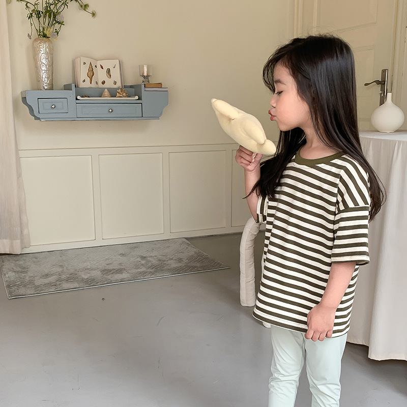 Children's T-shirt 2024 spring boys and girls Korean striped short sleeve children's round neck casual loose top