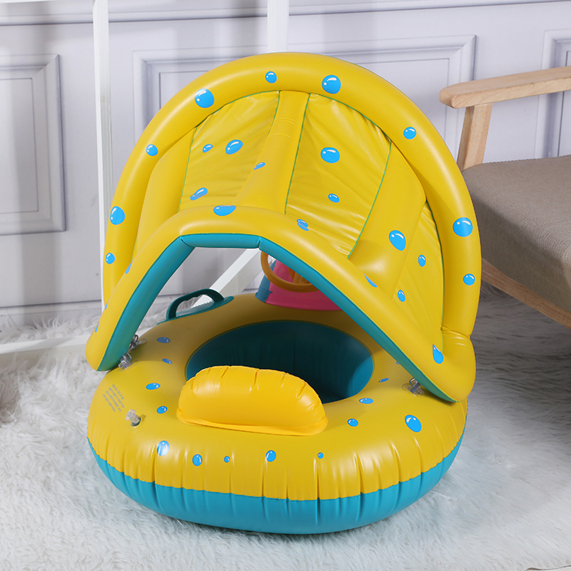 Sunscreen children's inflatable yacht with steering wheel swimming ring cartoon baby horn awning inflatable seat ring
