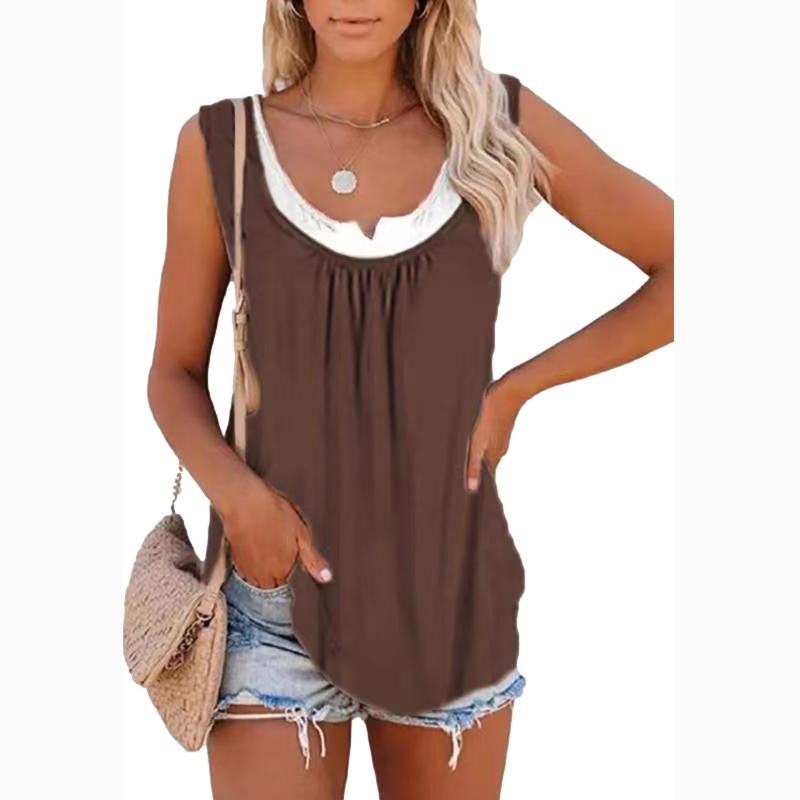 2023 Summer new European and American Amazon women's top solid color stitching sleeveless pleated vest T-shirt