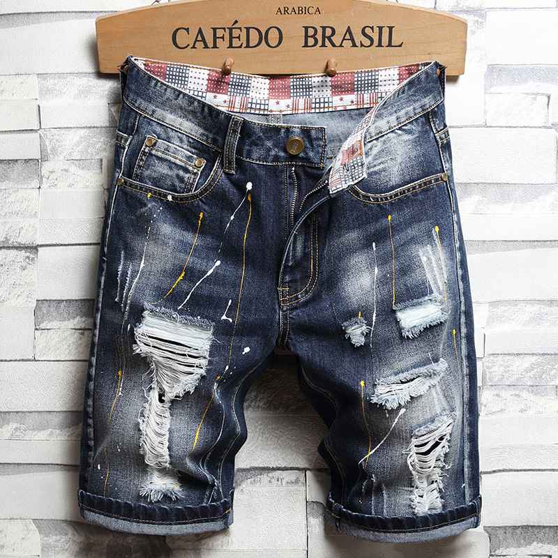 Lined Jeans Men's Ragged Five-point Beggar Pants Four Seasons Trendy Brand Personalized Men's Jeans jeansmen