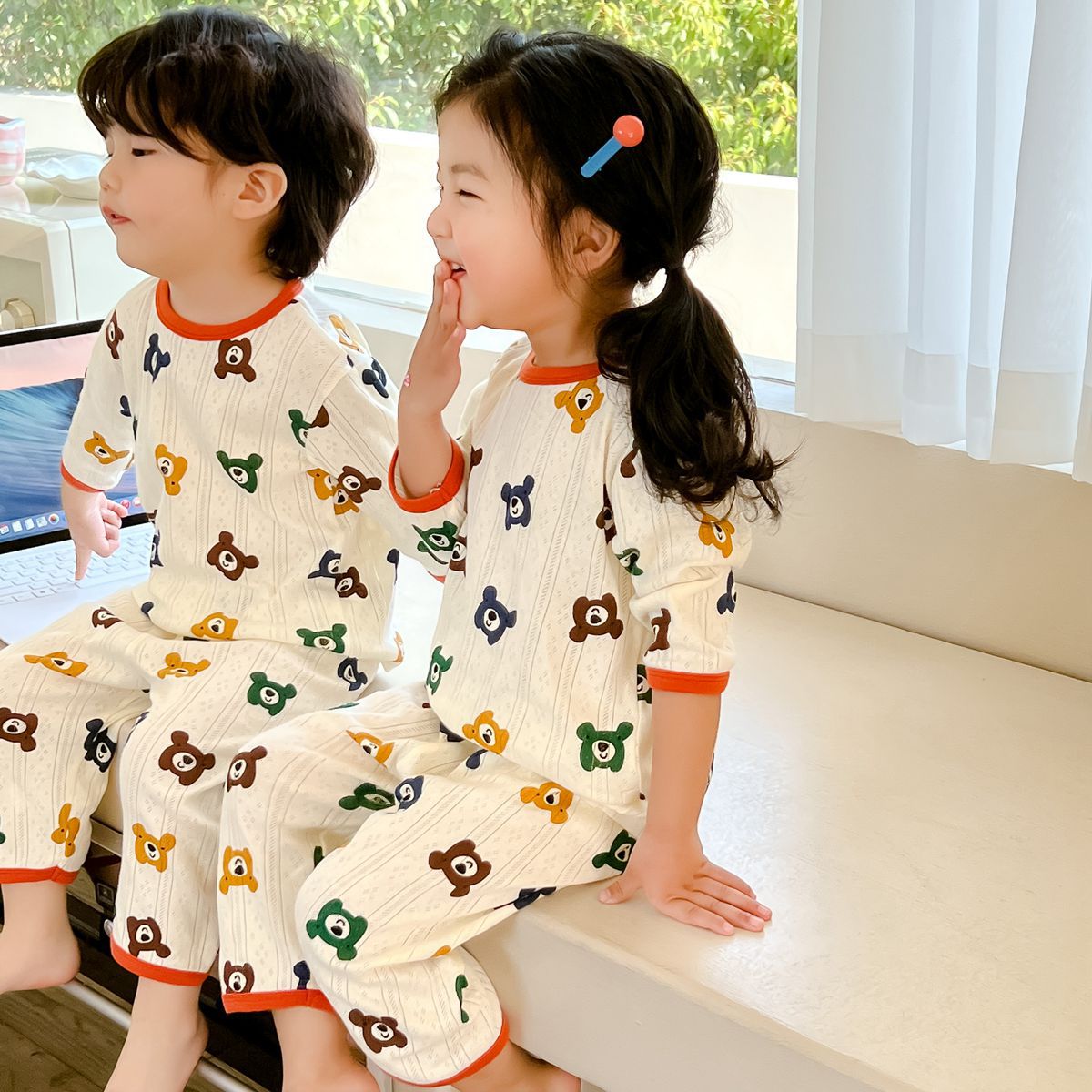 Children's Pajamas Summer Mid-Sleeve Pants for Boys and Girls Pure Cotton Breathing Home Suit ins Baby Air-conditioning Suit Category A