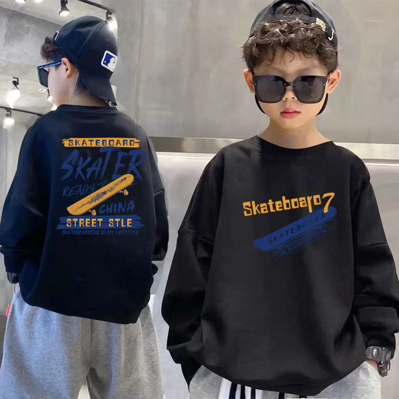 Children's Wear Boy's Pure Cotton Printed Sweater 2023 New Style Middle and Large Children's Crewneck Top Spring and Autumn Boy's Base Shirt Cool