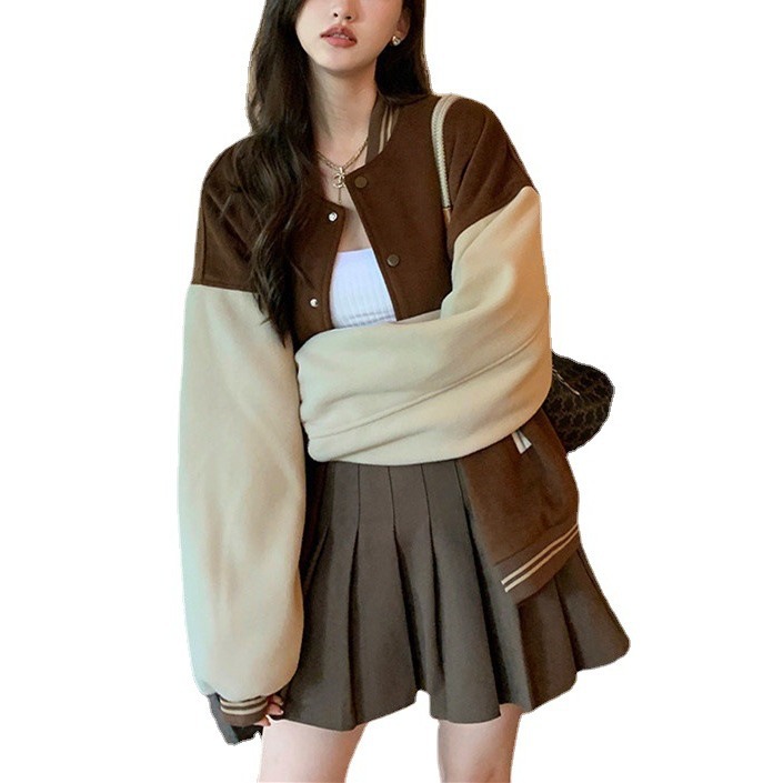American baseball uniform sweater coat women's 2024 autumn and winter new fleece-lined thickened stitching loose street couple jacket