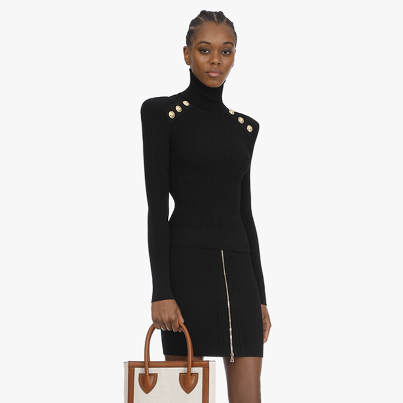 Temperament Commuter Pullover Black Long Sleeve European and American Knitted Turtleneck Sweater Wool Blend Slim Fit Top Cross Border Spot_voghion.com