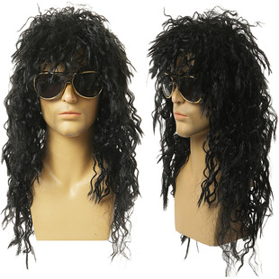 Amazon Halloween 80s Punk Black Wave Wig European and American Men's Curly Hair Hippie Rock Long Curly Hair