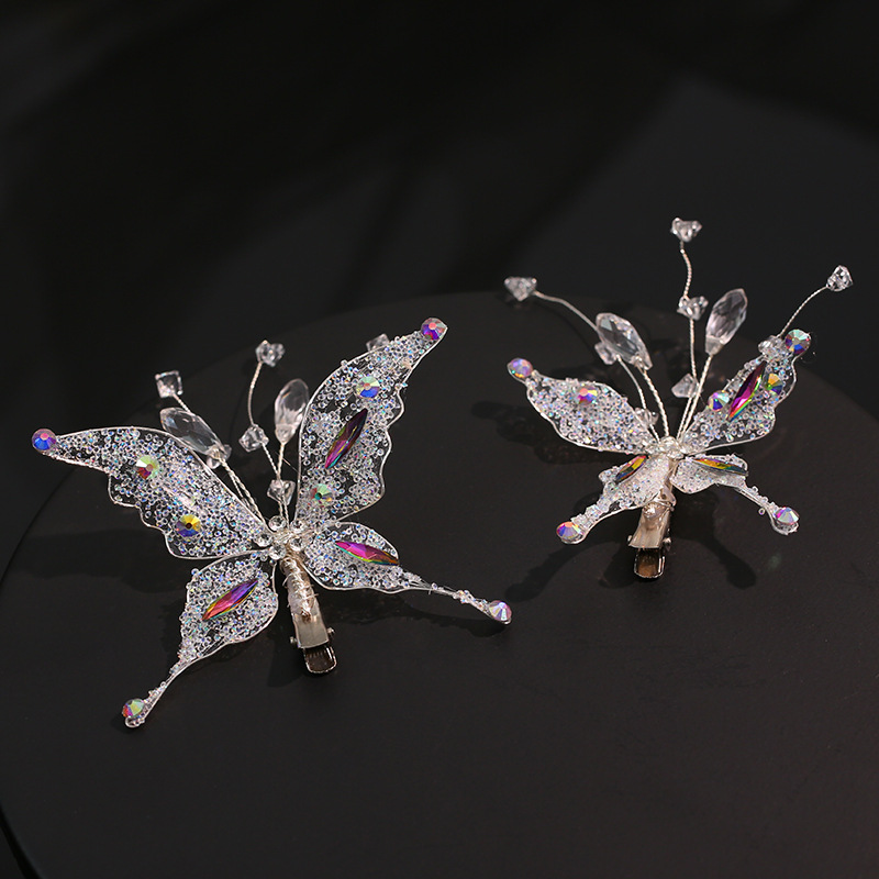 Super fairy crystal butterfly hairpin new sweet exquisite transparent crystal side clip elegant fairy travel wedding dress accessories_voghion.com