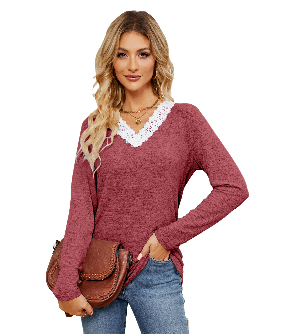 European and American cross-border foreign trade 2023 Amazon autumn and winter new solid color V-neck loose casual long-sleeved T-shirt top