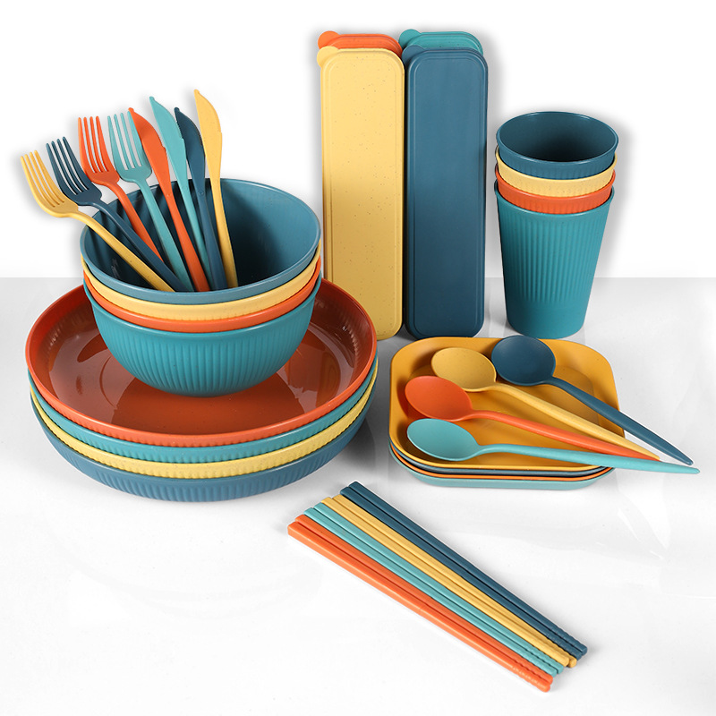Amazon Wheat Straw Dinner Plate Dishes Water Cup Tableware Set Portable Knife, Fork and Spoon Chopsticks Outdoor Tableware Set