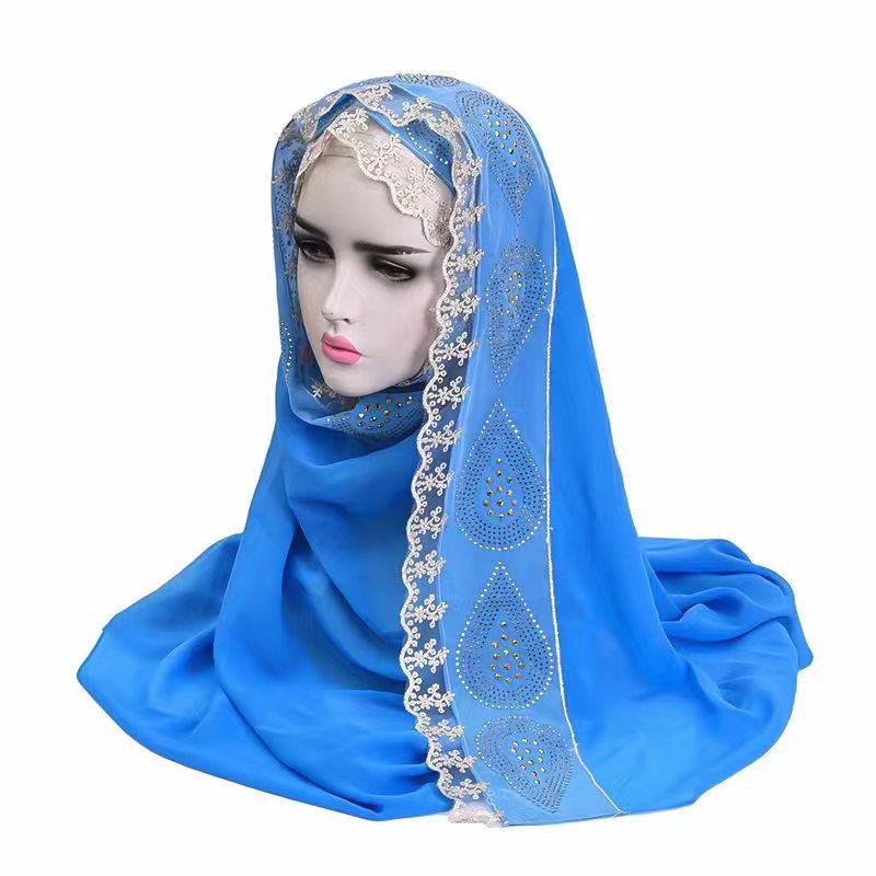 Cross-border Middle East Arab New Headscarf Pearl Chiffon Stitching Lace Boutique Scarf Love Drops Rhinestone