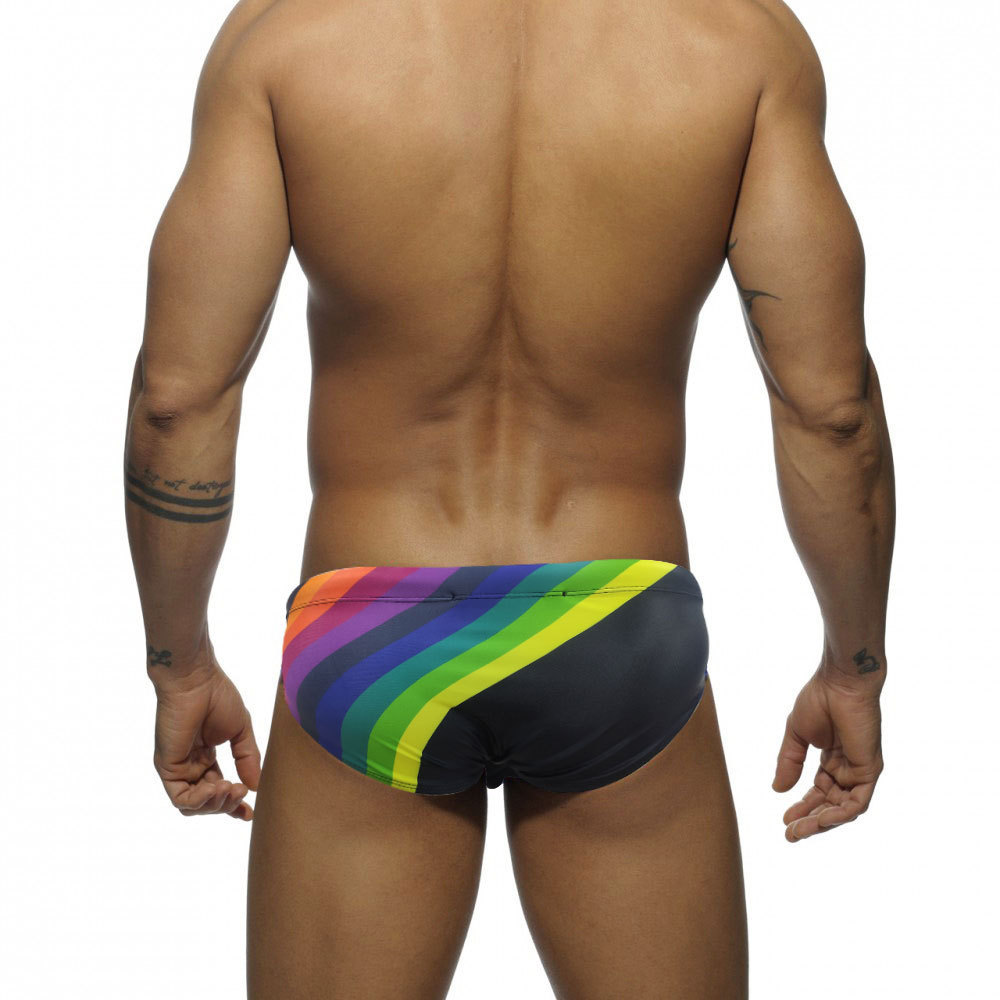 Spot AliExpress swimming trunks rainbow print low waist men's triangle swimming trunks Cup Anti-embarrassment tether beach pants
