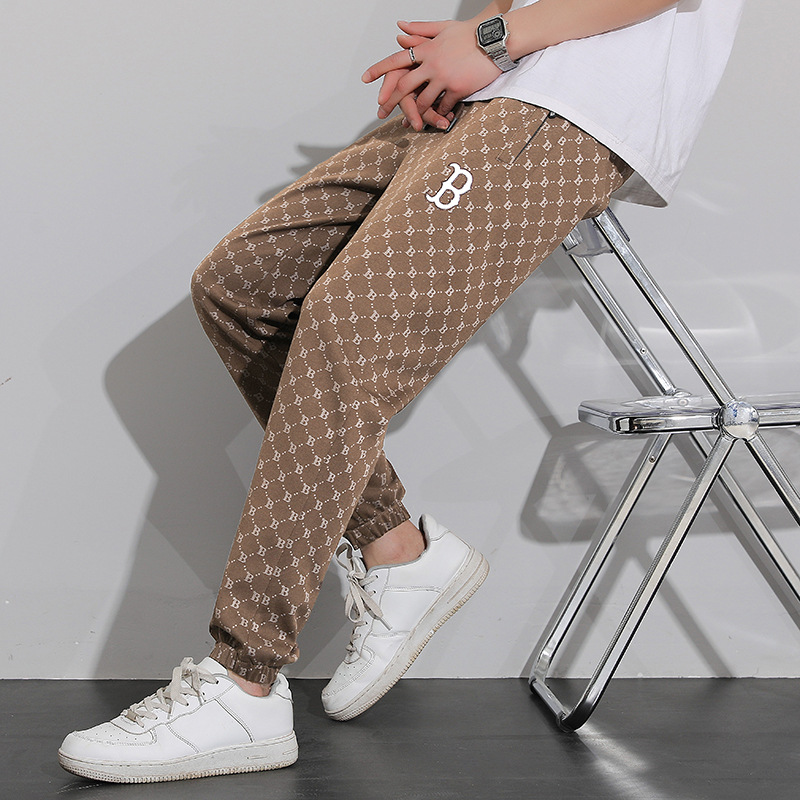 Sports pants men's spring and autumn loose straight ankle-tied sweatpants trendy printed casual pants spring overalls men