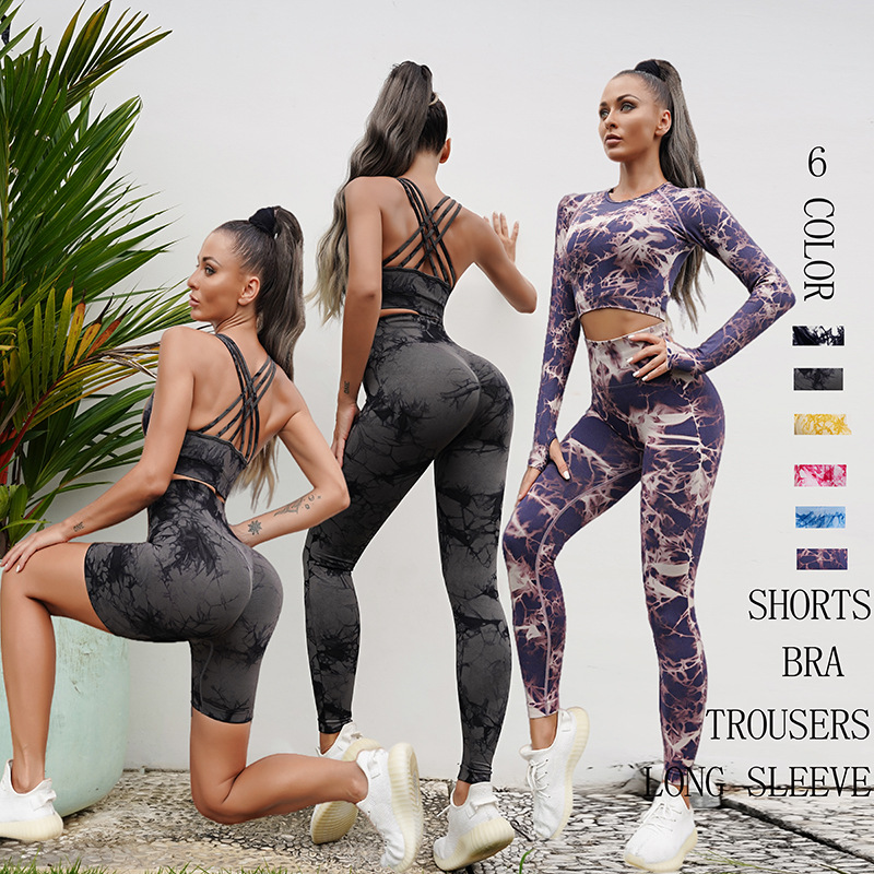European and American Tie-Dye Bra Pants Sportswear Women's Suit Yoga Suit Fitness Suit High Waist Elastic Tight Yoga Pants