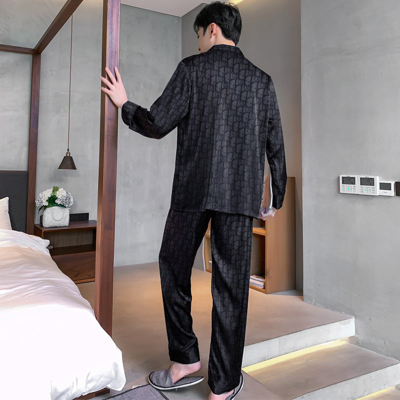 Pajamas men's long sleeve ice silk pattern high-grade black suit summer lapel plaid home clothing factory direct generation
