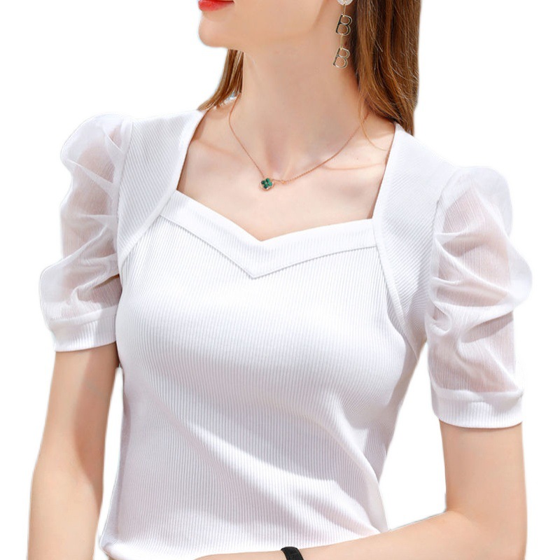 Spot Ice Silk T-shirt Women's 2023 New Summer Short-sleeved T-shirt French Court Style Puff Sleeve Top Trendy