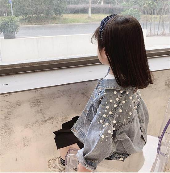 Children's Clothing 2023 Spring and Autumn New Children's Loose Long-sleeved Outerwear Girls Sweet Pearl Lapel Denim Coat