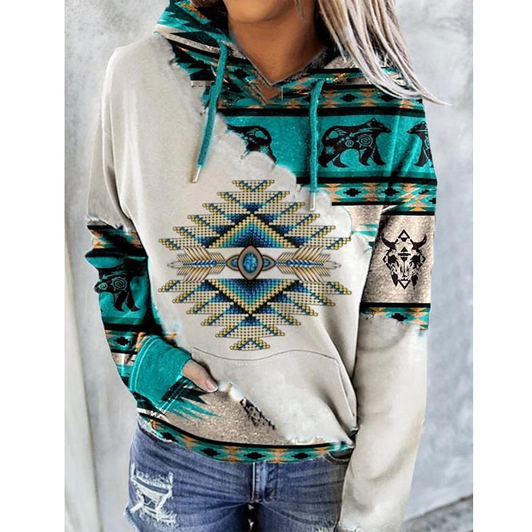 Independent Station Foreign Trade Explosions Top 2022 Autumn and Winter New European and American Women's Ethnic Style Printed Sweat Women's Autumn and Winter