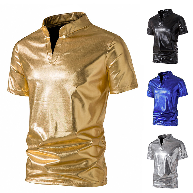2023 foreign trade new nightclub style solid color bronzing men's casual short-sleeved V-neck T-shirt glossy Henry collar polo shirt