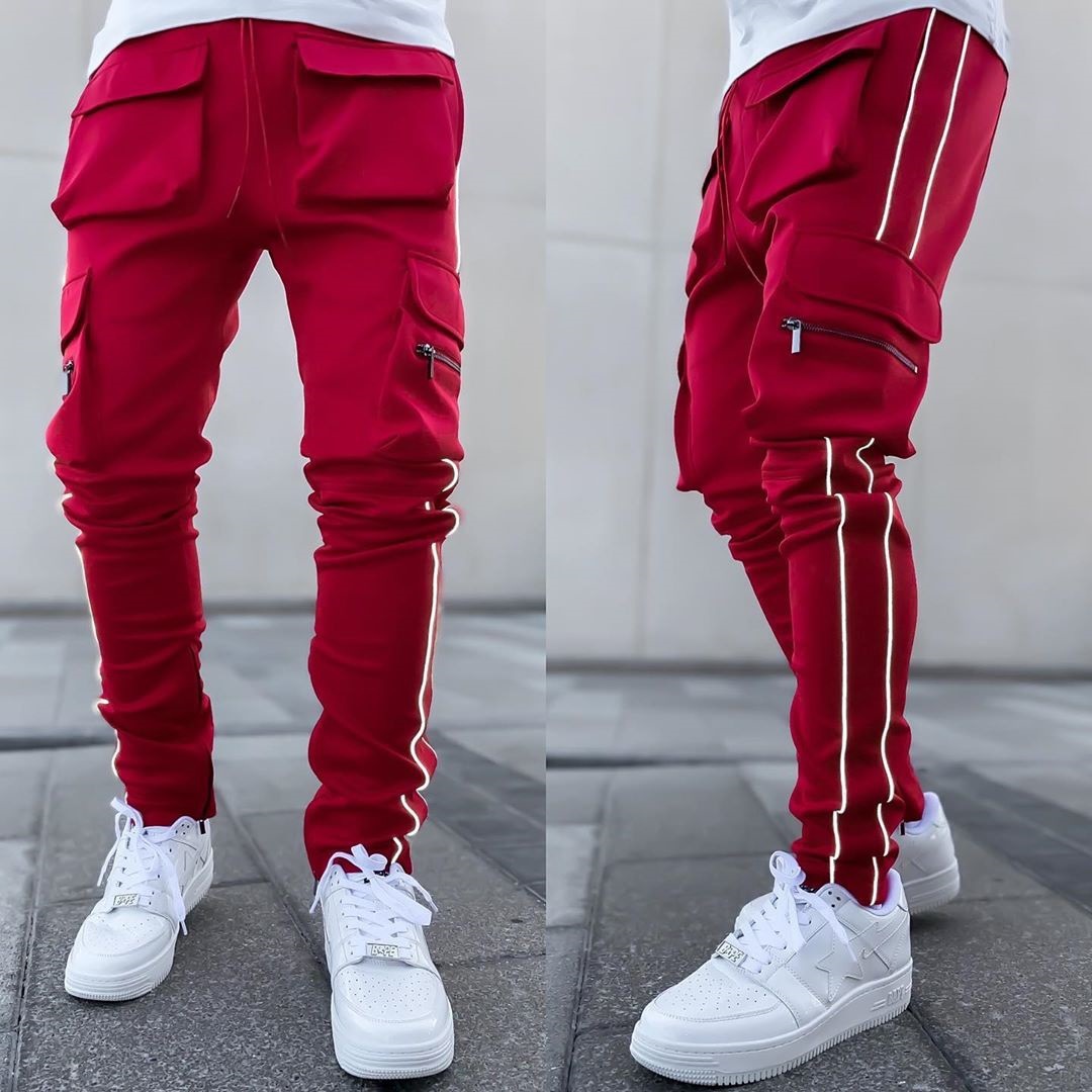 Spring and Autumn Work Pants Men's Multi-pocket Trendy Brand Elastic Reflective Slim-fit Sports Leisure Fitness Trousers Cross-border Foreign Trade