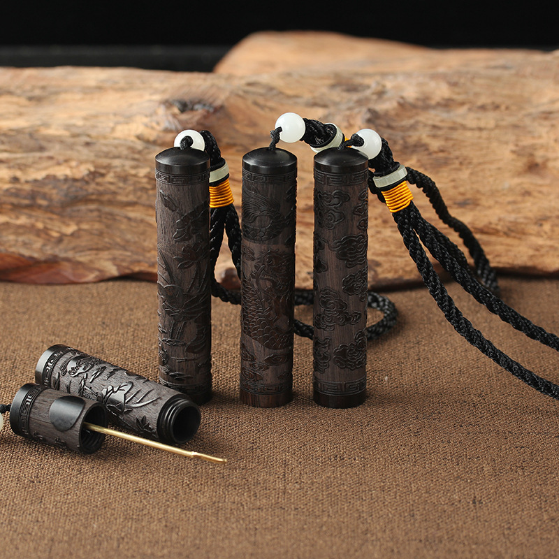 Factory supply Ebony carved snuff bottle solid wood with brass spoon lanyard snuff bottle experience wholesale