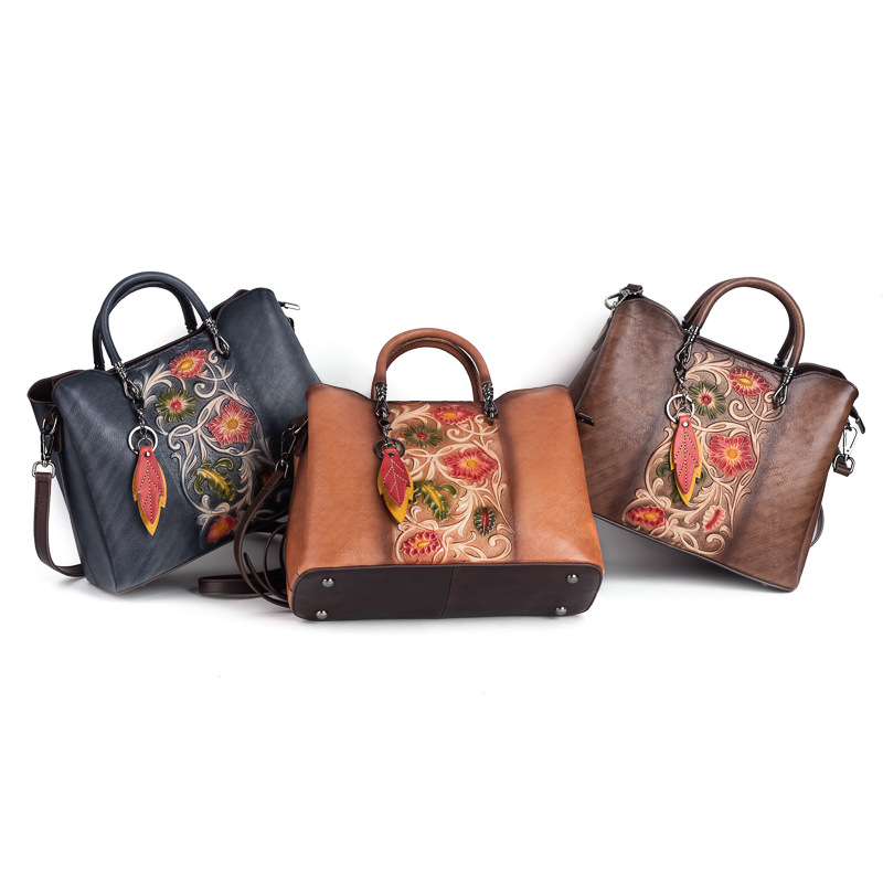 Vegetable Tanning Top Layer Cowhide Vintage Genuine Leather Women's Bag Handbag Crossbody Bag Embossed Color Simple Large Capacity High-end Sense