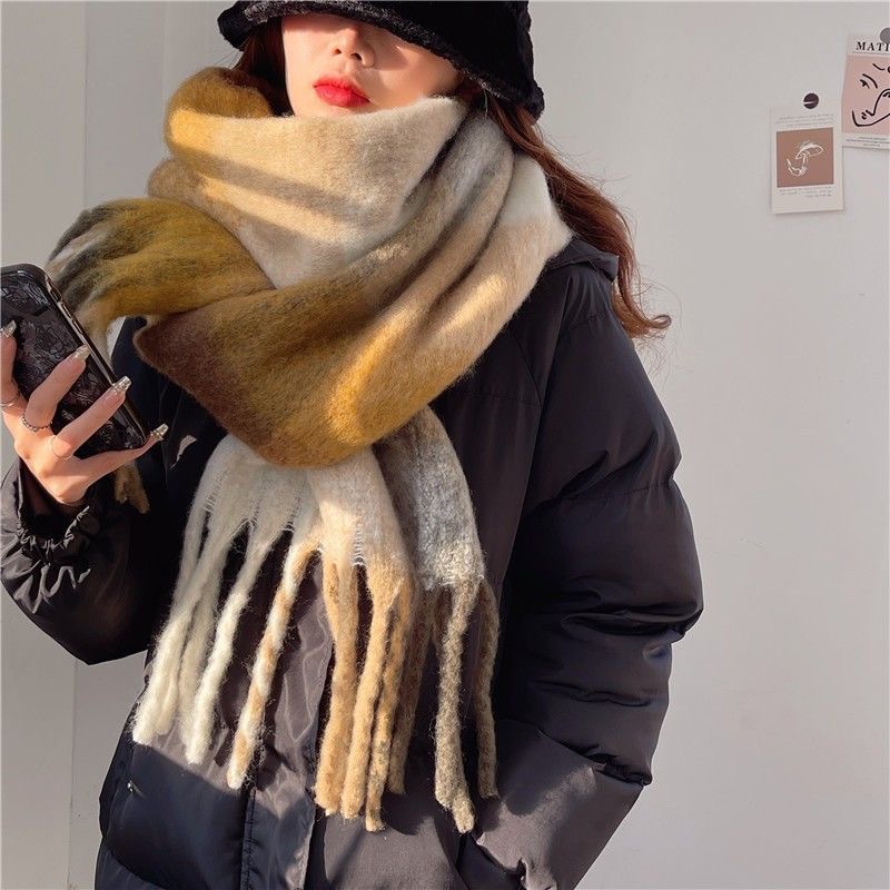Plaid Tassel Scarf Women's Autumn and Winter Rainbow European and American Brand Color-matching Imitation Cashmere Mahair Shawl Thickened Scarf