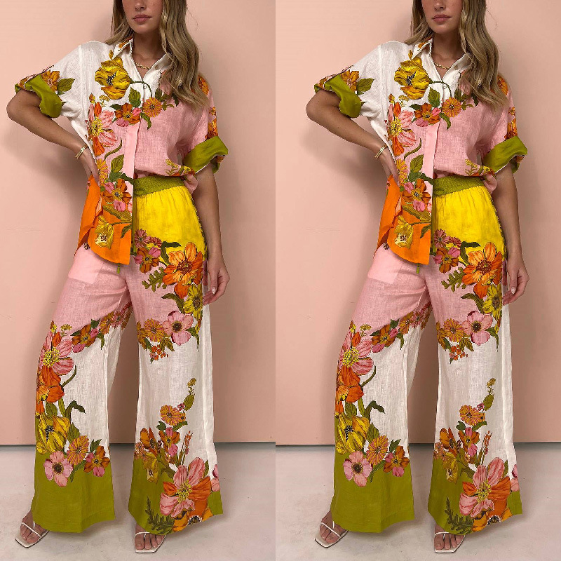 Cross-border independent station 2023 new European and American printed cotton and linen two-piece set suit top + wide leg pants_voghion.com