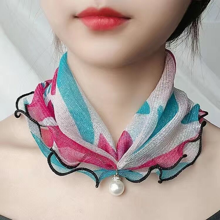 韓国版の真珠の網の糸のカバーの頭の小さいマフラーの女性の首のカバーの首のシルクのスカーフ|undefined