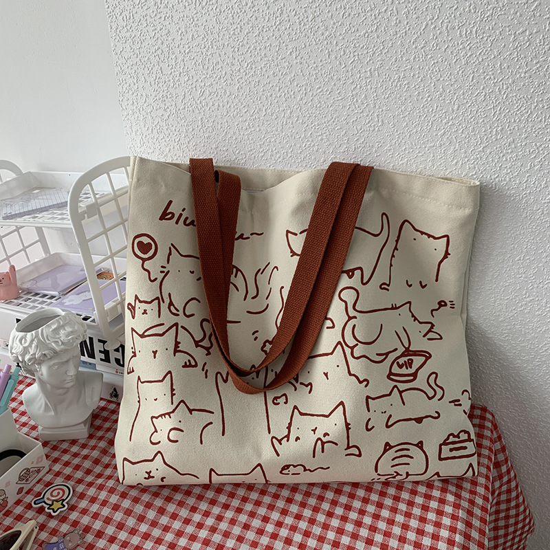 2024 Art Design Carino Animale Dipinto a Mano Illustrazione Borsa a Tracolla Borsa da Scuola Borsa Artistica Retro Grande Capacità Borsa in Tela Donna_voghion.com