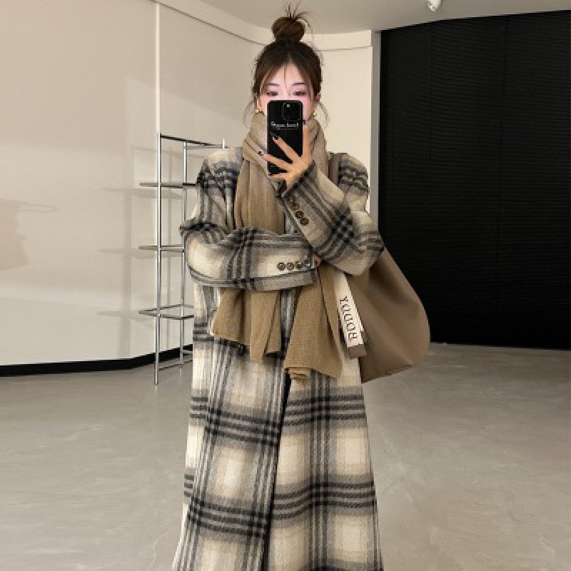 Manteau double face à carreaux coréens de haute qualité en laine longue pour femme, épais, automne et hiver_voghion.com