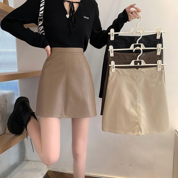 2022 autumn and winter New High waist anti-slip skirt small slim PU leather skirt black A- line hip skirt