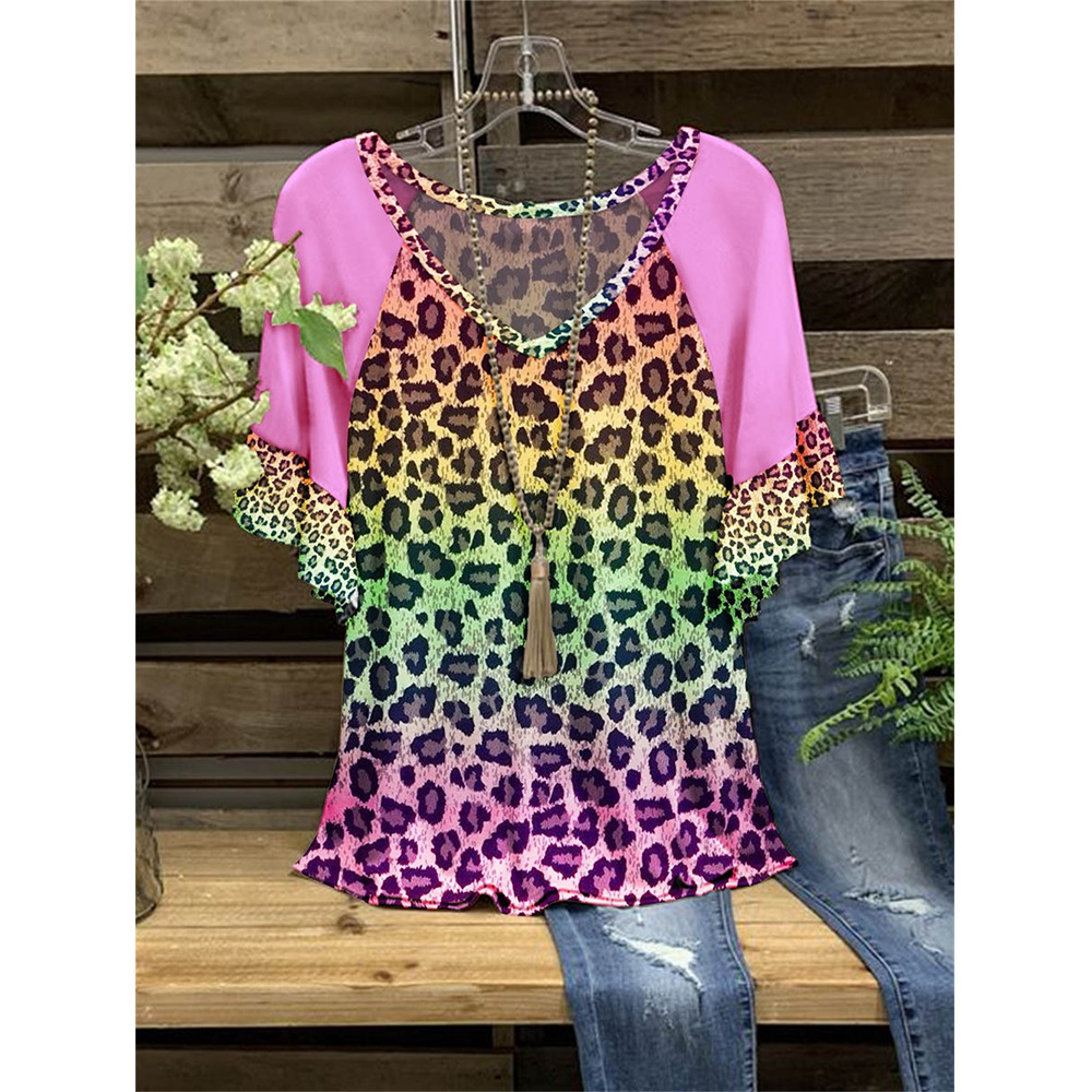 2022 Independent Station Amazon Foreign Trade Spring and Summer New Women's T-shirt V-neck Leopard Print Ruffled Short-sleeved T-shirt