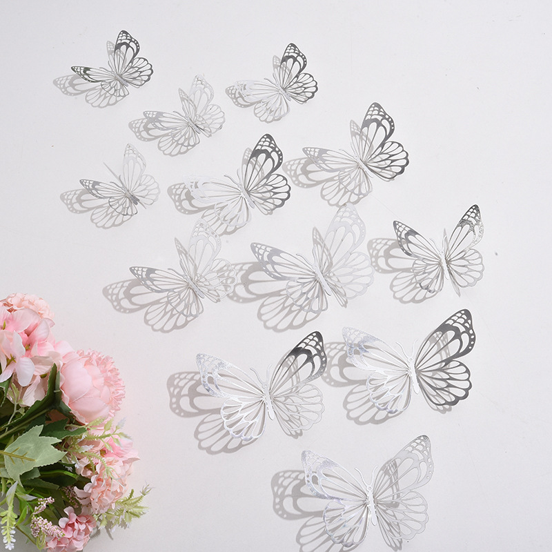 Cross-Border 12 Hollow Butterfly Wall Stickers Festive Home Christmas Holiday Decoration Stickers 3D Butterfly