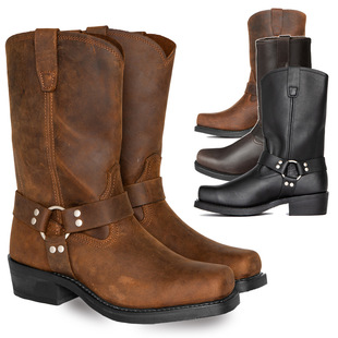 ENN Shoes Boots 1031 Vintage Boots Cowboy Boots Height Increase 4.5cm Leather Shoes Rivet High Heel Western Boots