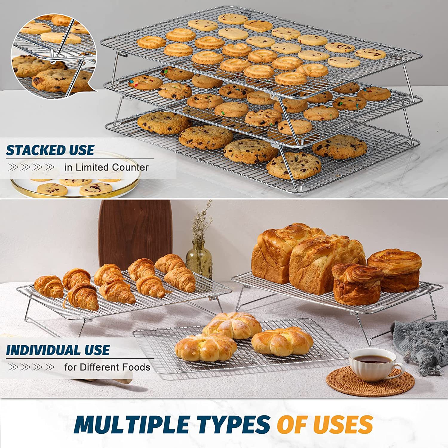 New Cake Three-layer Cooling Rack 304 Stainless Steel Foldable Baking Tray Drying Net Baking Tools Oil Drying Net