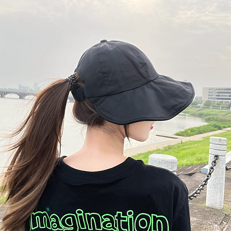 Hat Women's Summer Thin Pure Cotton Fisherman Hat Korean Style Cyber Celebrity Sunshade Sunscreen Hat with Pony Tail Trendy Sun Basin Hat