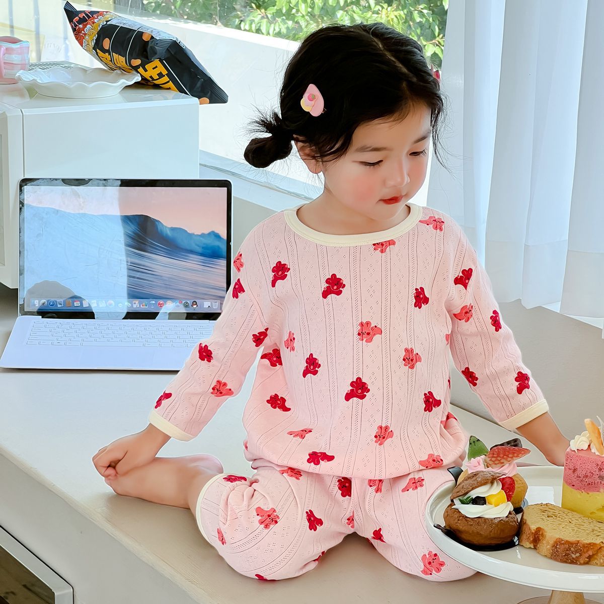 Children's Pajamas Summer Mid-Sleeve Pants for Boys and Girls Pure Cotton Breathing Home Suit ins Baby Air-conditioning Suit Category A