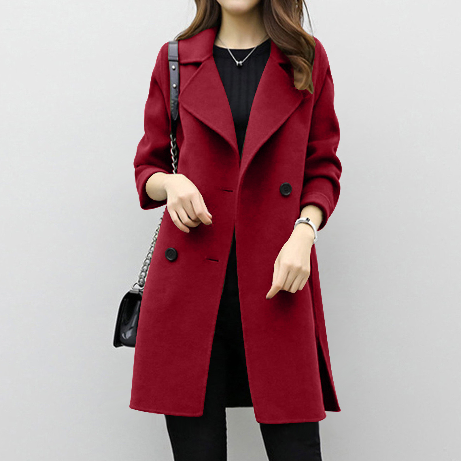 Woolen coat mid-length double-breasted long sleeve solid color woolen coat for women_voghion.com