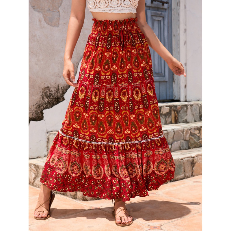 Foreign Trade Women's Ethnic Style Printed Skirt Bohemian Beach Skirt Women's Hollow Lace Stitching Large Swing Long Skirt
