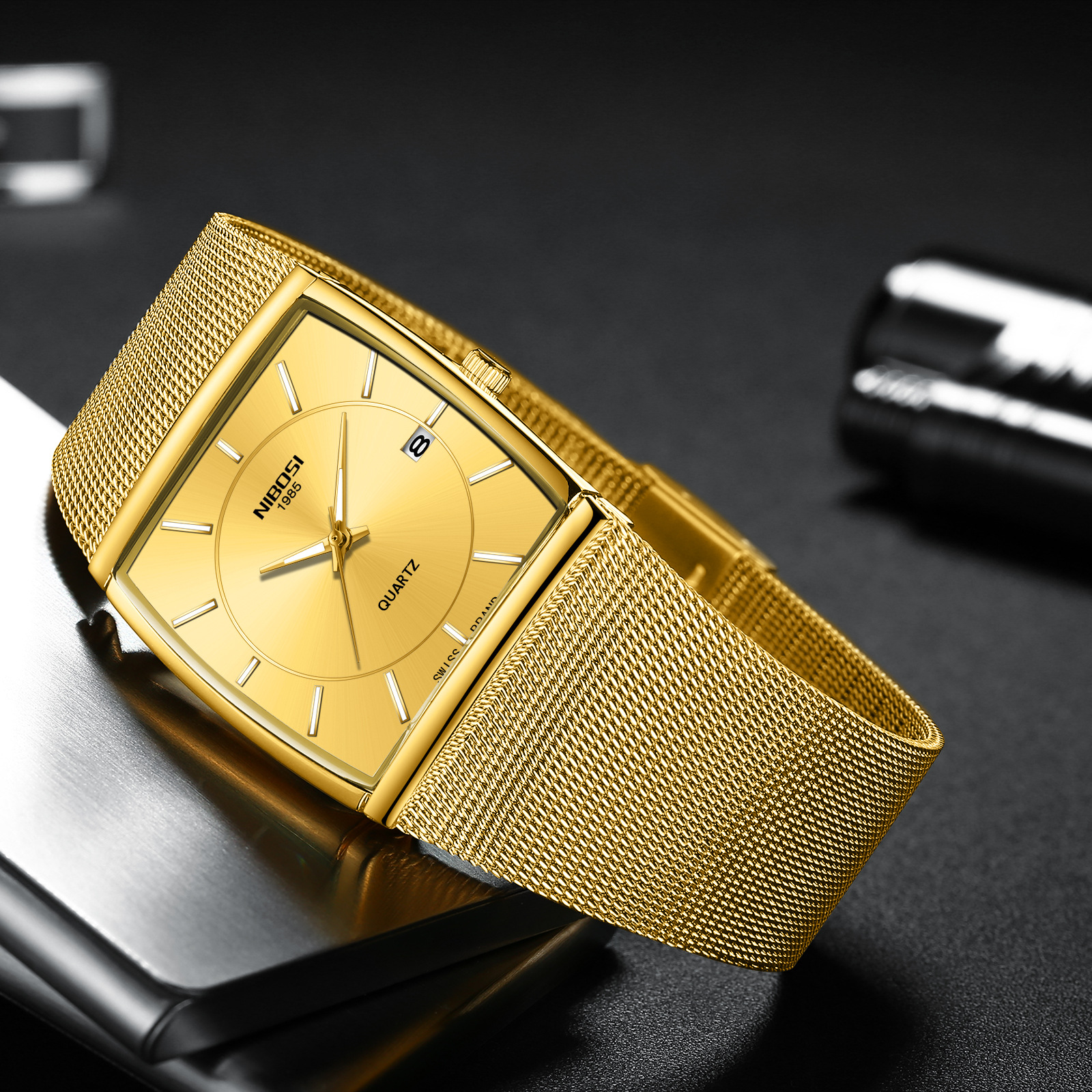 Foreign Trade Cross-border nibosi Student Watch Waterproof Calendar Personalized Quartz Watch Stainless Steel Mesh Band Watch for Men