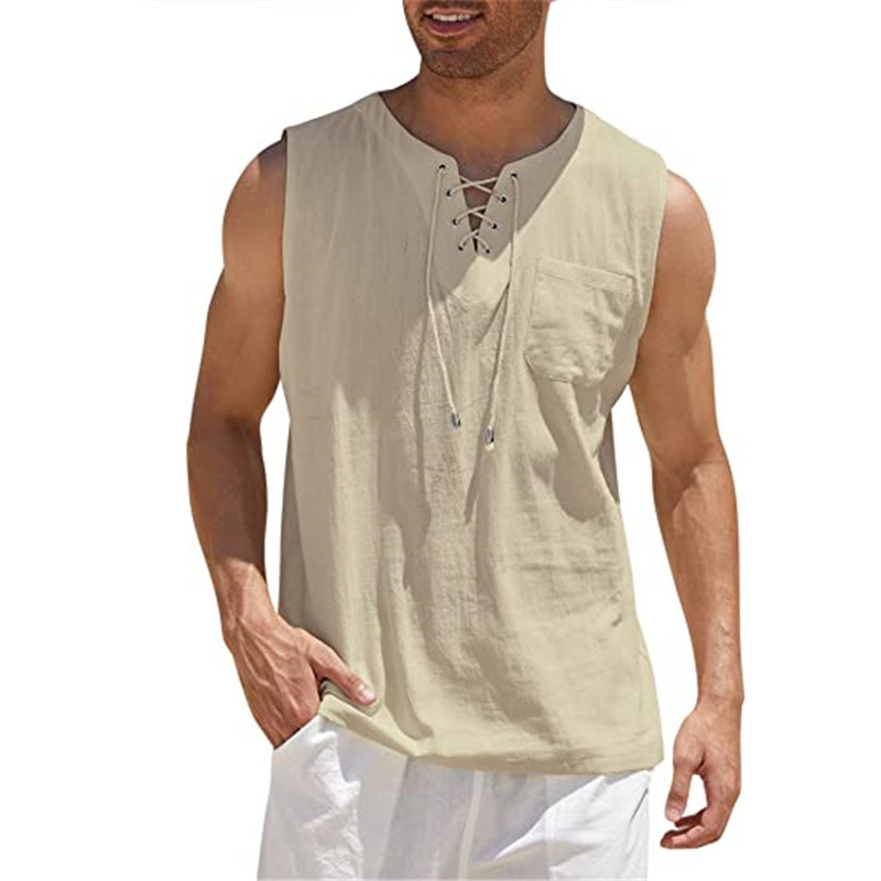 2024 Cross-border Amazon Hot Sale New Men's Vest Shirt Lace-up Fashion Solid Color Cotton and Linen Short-sleeved T-shirt
