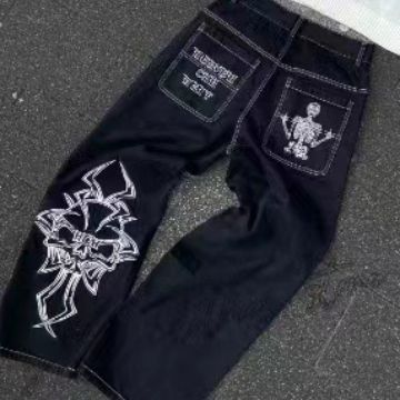2023跨境爆品美式高街潮牌全刺繡骷髏頭休閒褲男寬鬆直筒休閒長褲