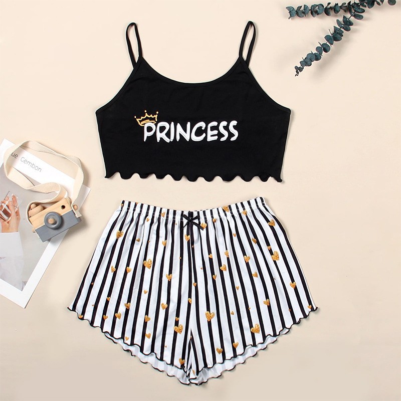 2022 European and American New Letter HONEY Printed Sling Top and Plaid Printed Shorts Home Wear Set
